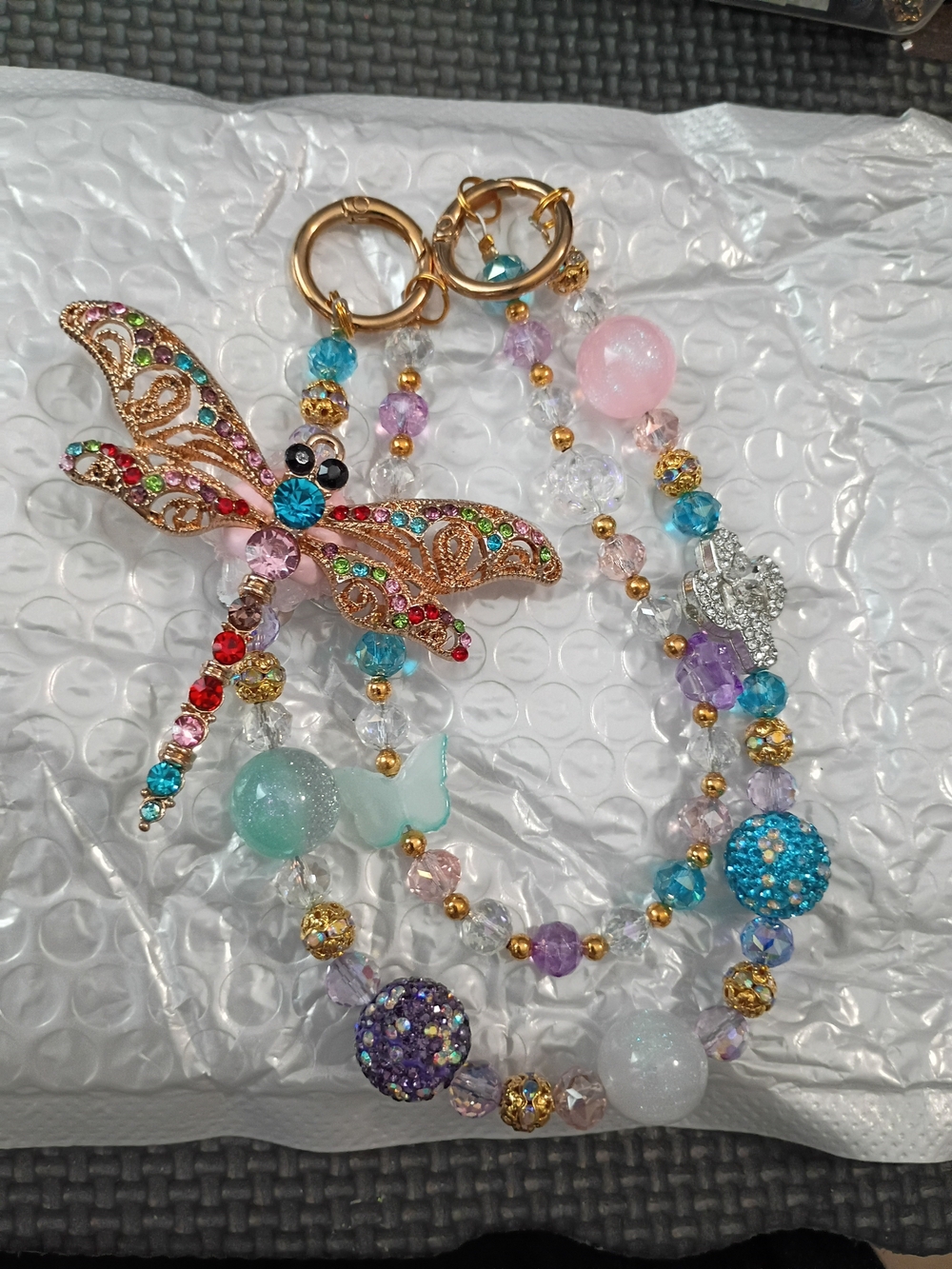 Colorful Dragonfly Beaded Keychain - Multicolor